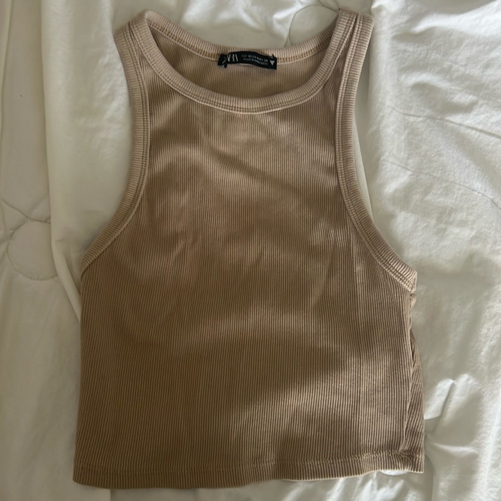 Tan ZARA high neck crop top